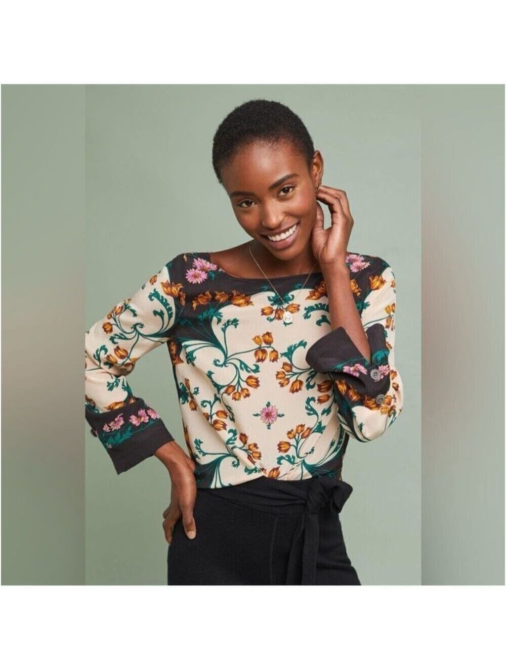 Maeve Women's Navy/Creme and Floral Pattern Long Sleeve Blouse Size 10